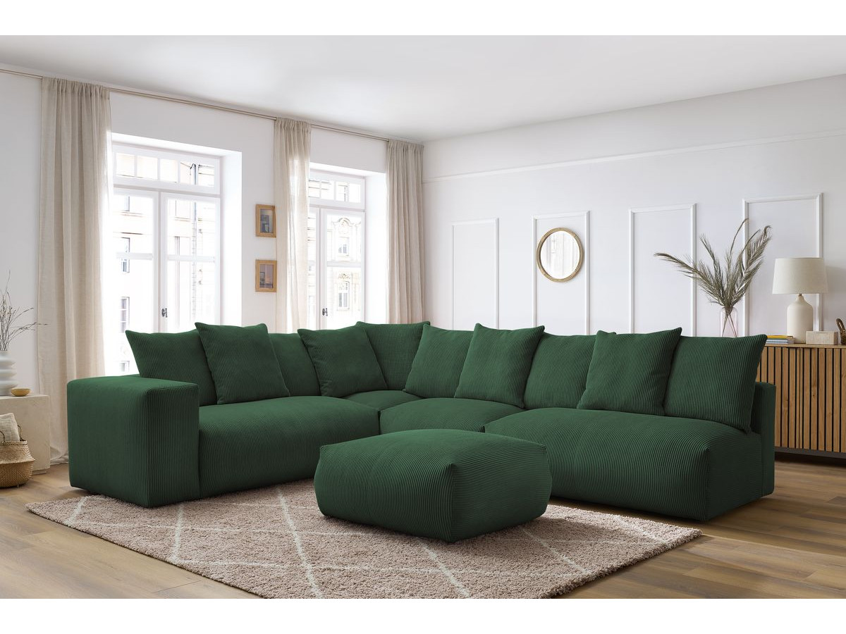 Bobochic Voltaire Ecksofa mit Pouf 322 × 268 cm Cordsamt Grün Ecke links
