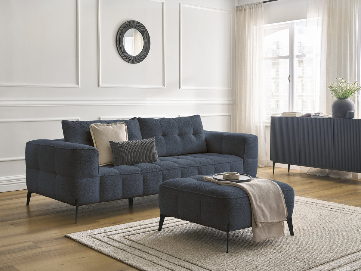 Bobochic Anis Sofa 3-Sitzer mit Pouf Bouclé-Stoff Dunkelblau