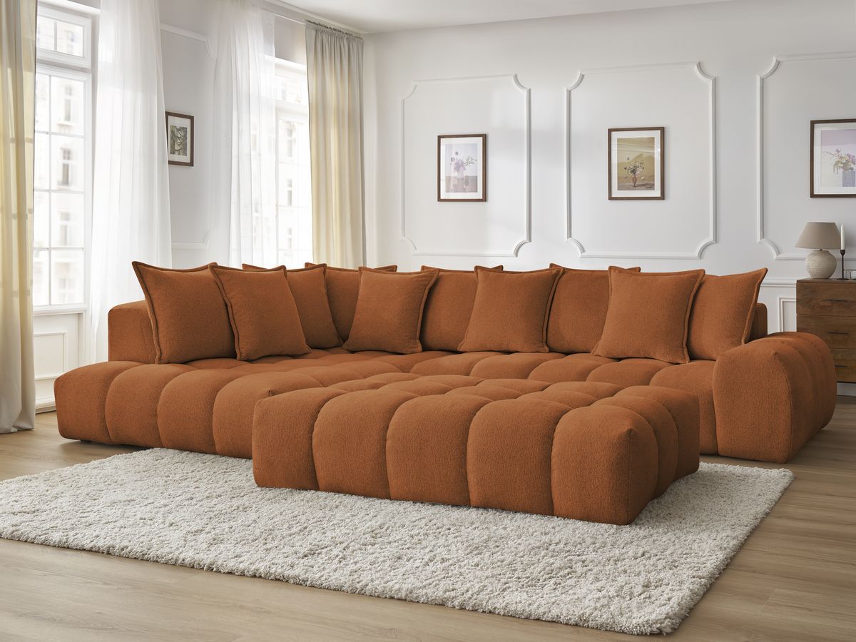 Bobochic Everest Ecksofa mit Schlaffunktion und Pouf, 10 Kissen Melange-Stoff Orange Ecke links