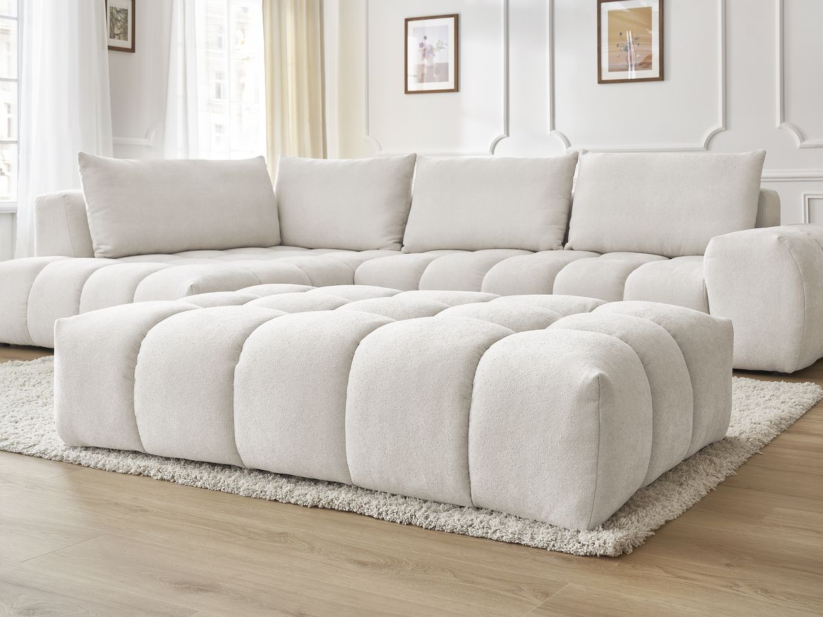 Bobochic Everest Ecksofa mit Schlaffunktion und Pouf, 4 Kissen Strukturstoff Weiß Ecke links