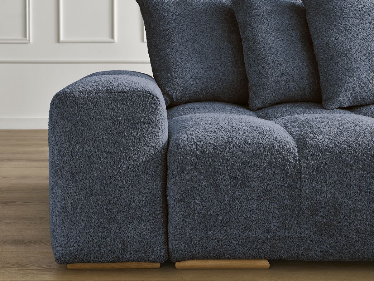 Bobochic Anakin Ecksofa mit Schlaffunktion und Bettkasten und Pouf, 6 Kissen Bouclé-Stoff Dunkelblau