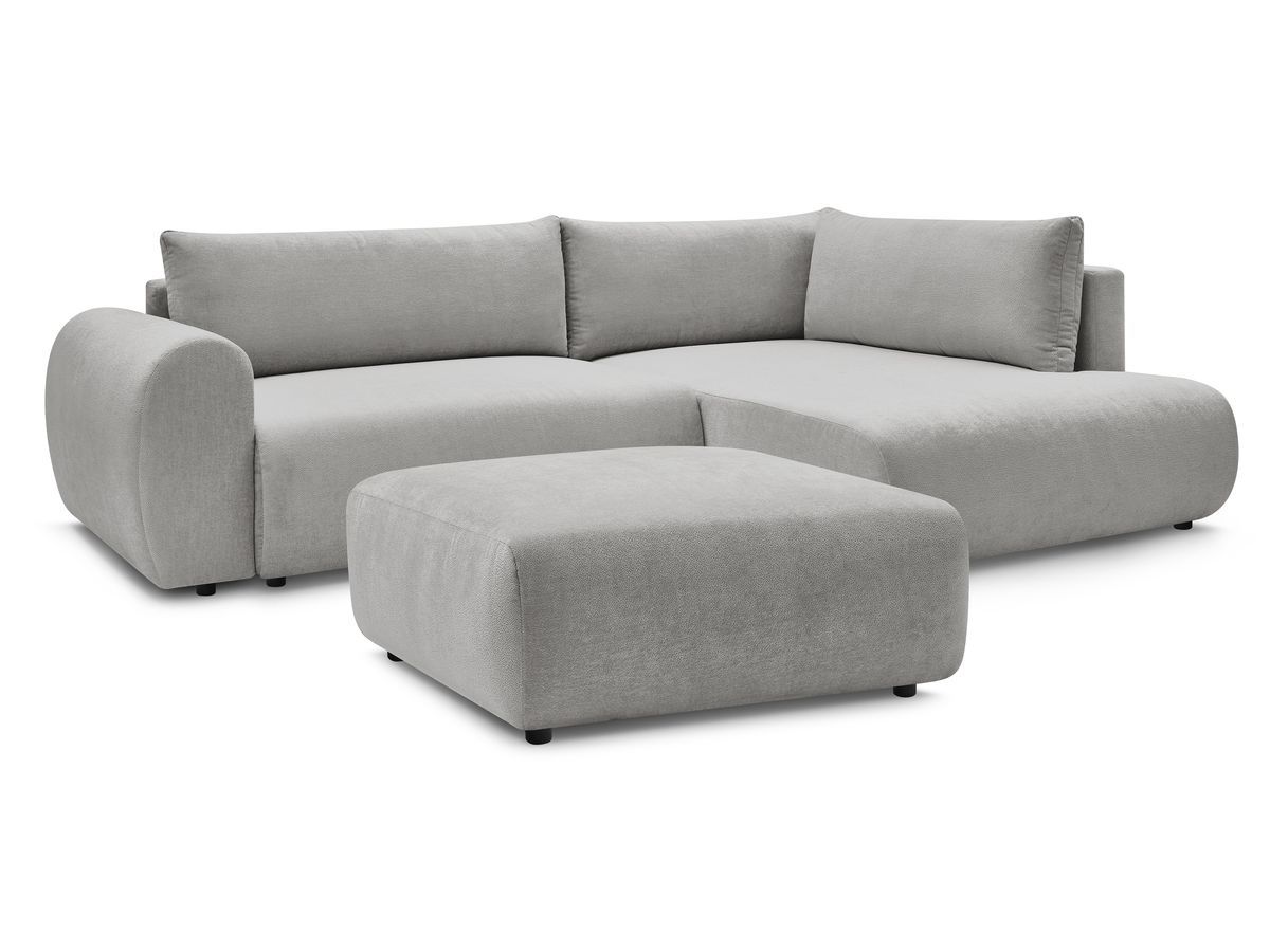 Bobochic Lucien Ecksofa mit Schlaffunktion und Bettkasten und Pouf 296 × 198 cm Stoff Hellgrau Ecke rechts