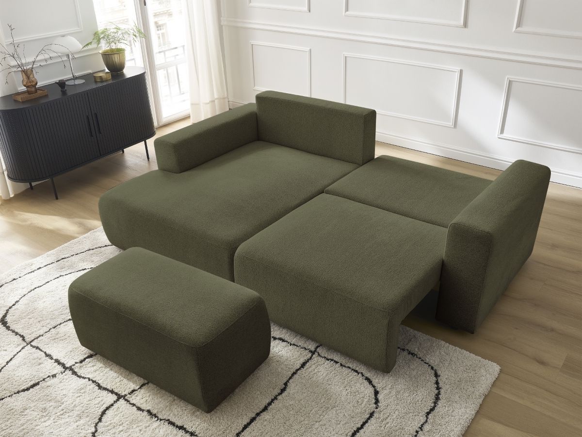 Bobochic Atilla Ecksofa mit Schlaffunktion und Bettkasten und Pouf Melange-Stoff Grün Ecke links