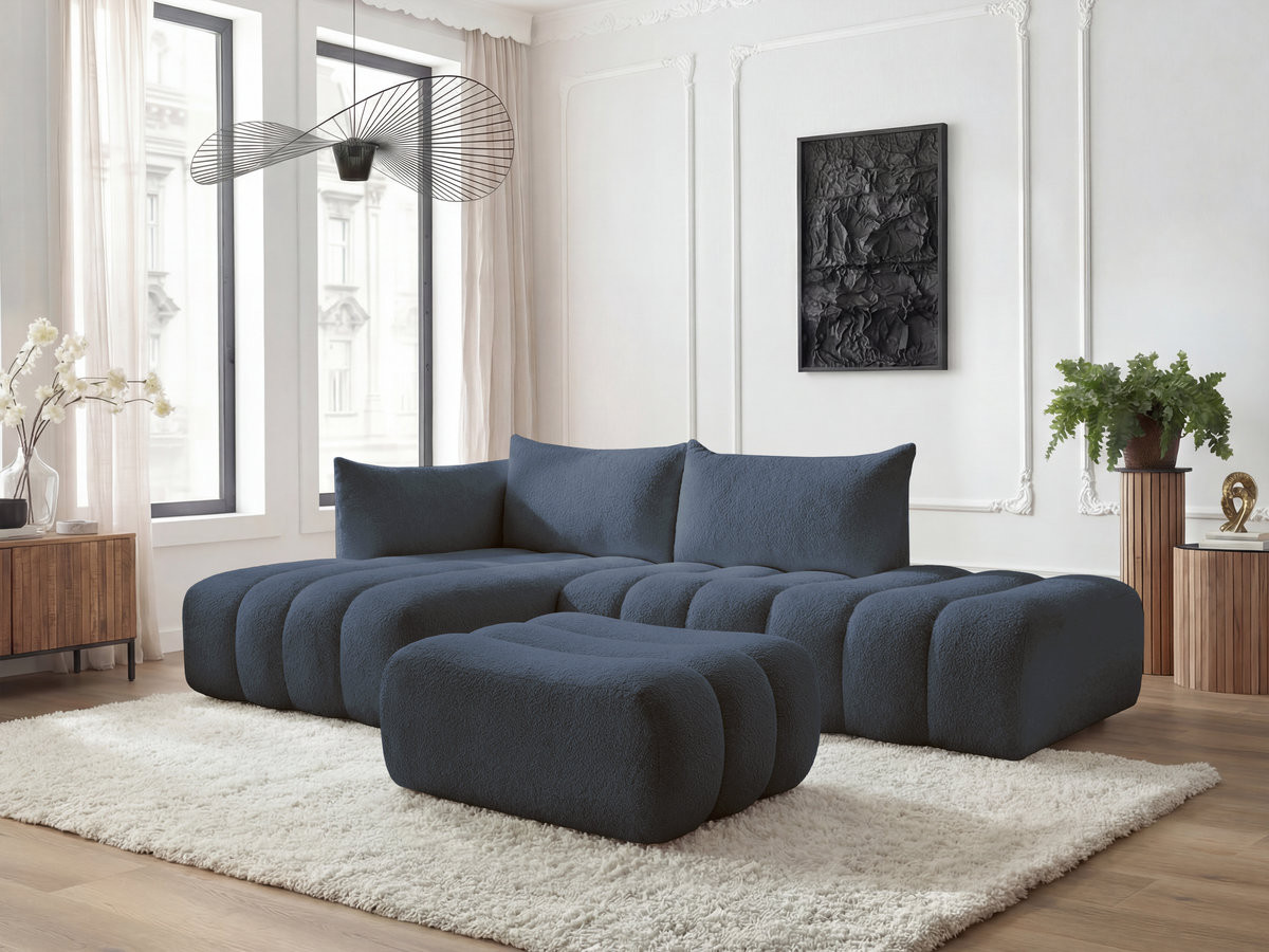 Bobochic Azra Ecksofa mit Pouf 319 × 178 cm Bouclé-Stoff Dunkelblau Ecke links