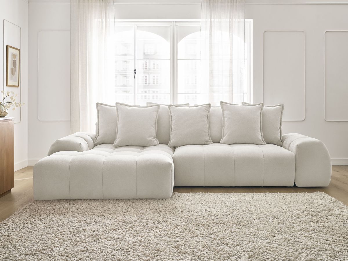 Bobochic Everest Ecksofa mit Schlaffunktion und Bettkasten 318 × 180 cm, 7 Kissen Strukturstoff Weiß Ecke links