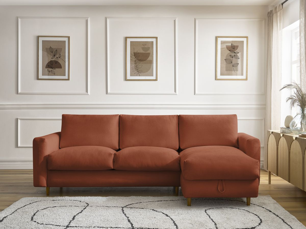 Bobochic Cocoone Ecksofa mit Schlaffunktion und Bettkasten Stoff Orange, Liegefläche 160 × 200 cm