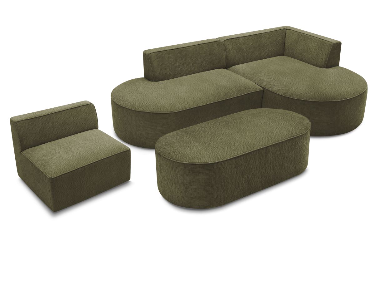 Bobochic Rousseau Ecksofa mit Sofamodul und Pouf Strukturstoff Grün Ecke rechts