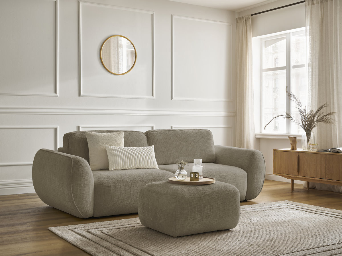 Bobochic Denise Schlafsofa 3-Sitzer mit Bettkasten und Pouf Strukturstoff Taupe