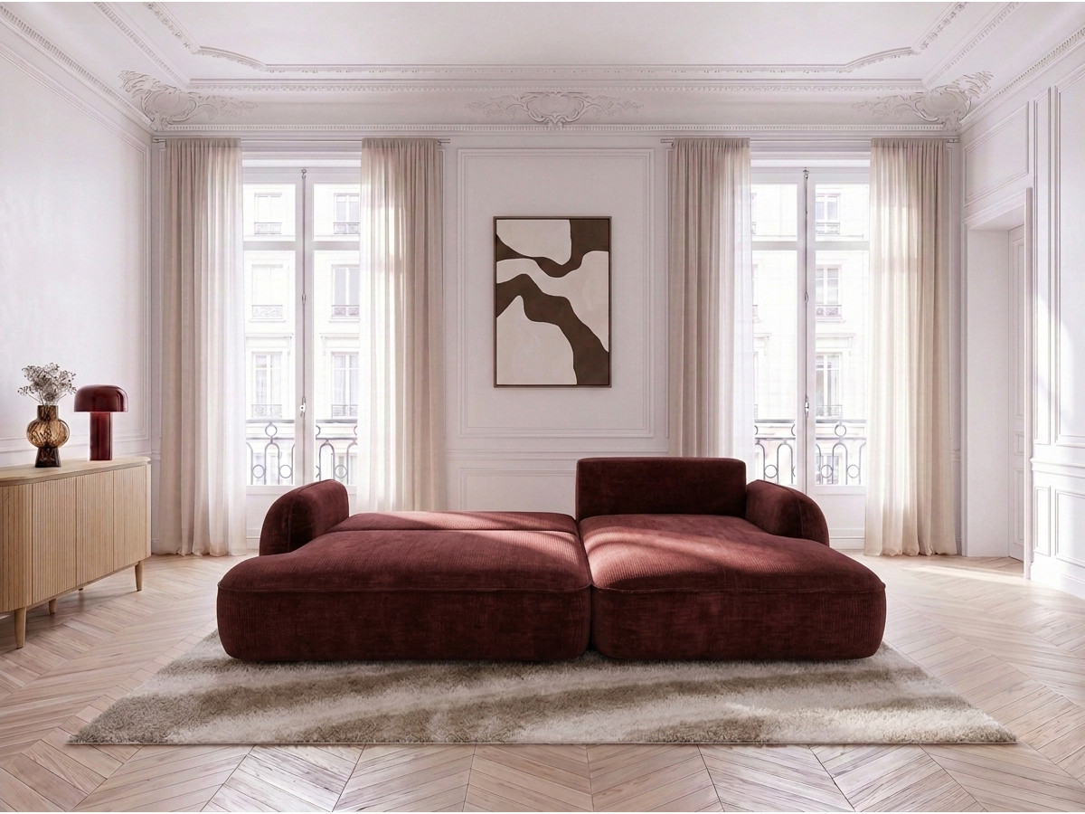 Bobochic Celeste Ecksofa mit Schlaffunktion und Bettkasten Stoff Rot Ecke rechts