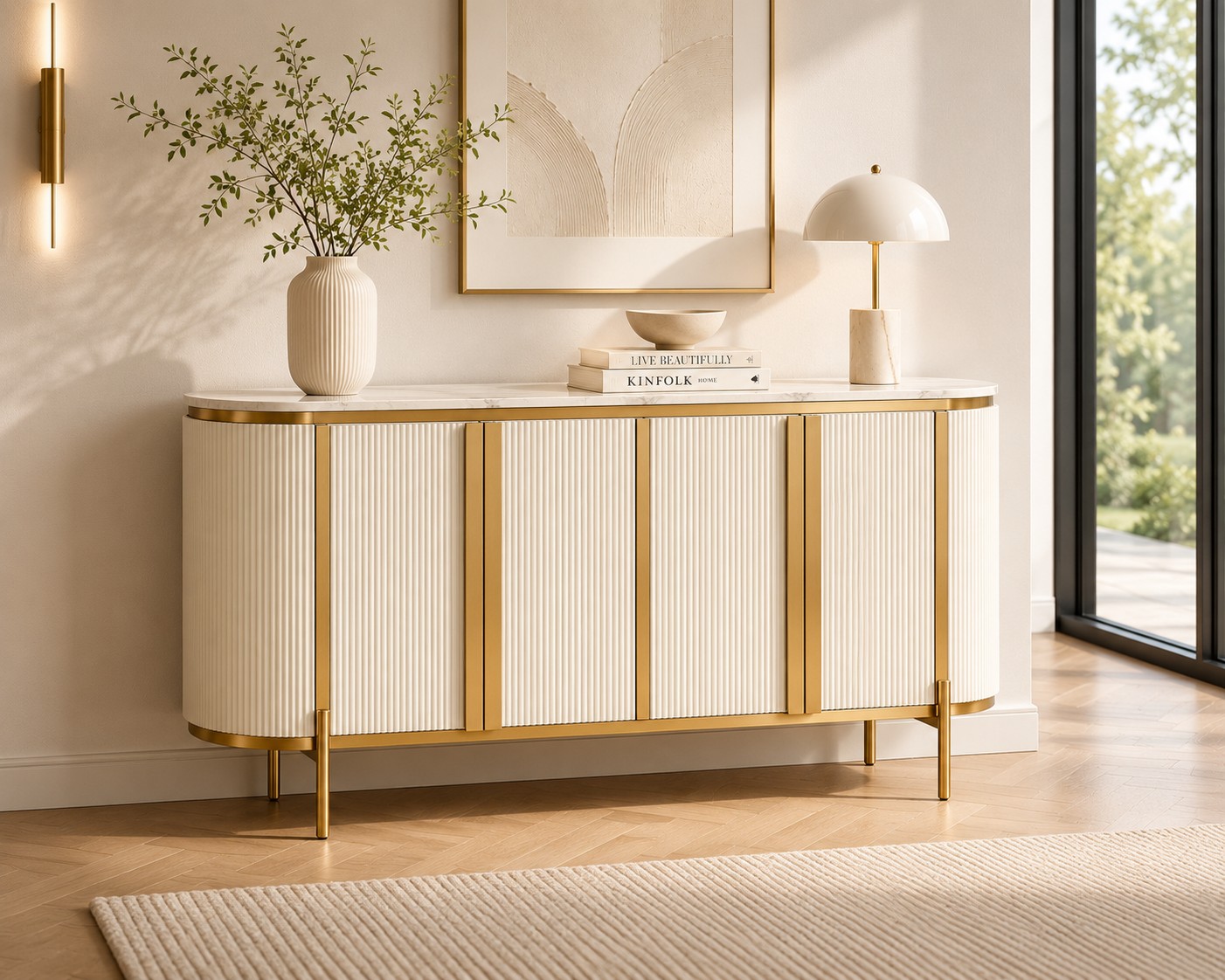 Livin Hill Sideboard Stilig Riffelfront 160 cm Ecru-Weiß, Platte Weiß