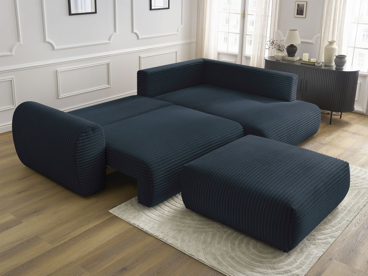 Bobochic Lucien Ecksofa mit Schlaffunktion und Bettkasten und Pouf 296 × 198 cm Breitcord weich Dunkelblau Ecke rechts