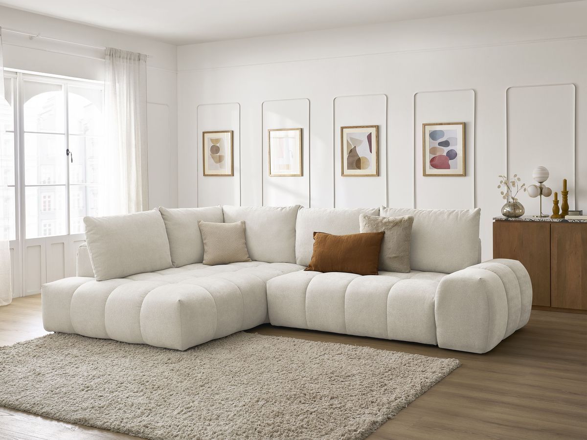 Bobochic Everest Ecksofa mit Schlaffunktion und Bettkasten 320 × 212 cm, 5 Kissen Strukturstoff Beige Ecke links