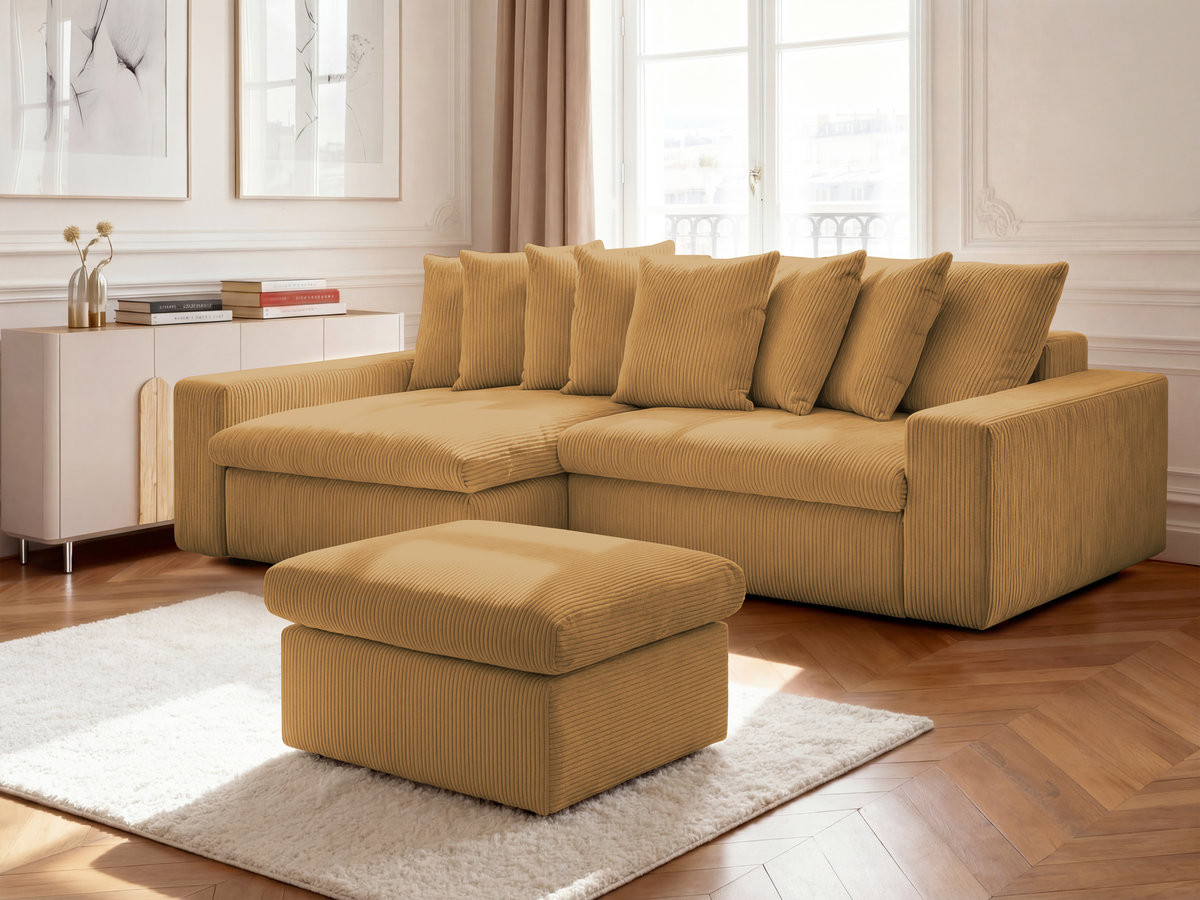 Bobochic Enore Ecksofa mit Pouf Cordsamt Gelb Ecke links