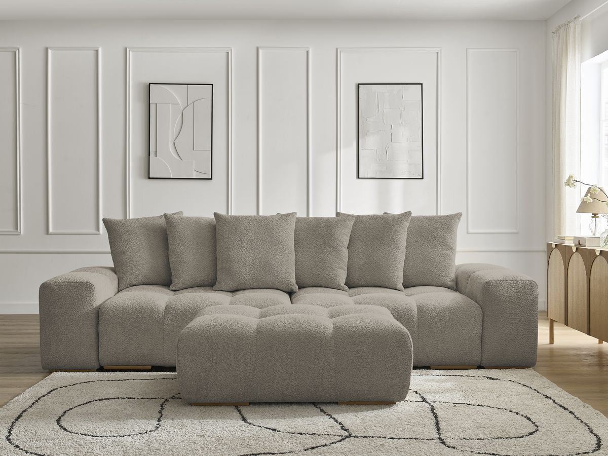 Bobochic Anakin Schlafsofa 3-Sitzer mit Bettkasten und Pouf, 6 Kissen Bouclé-Stoff Taupe