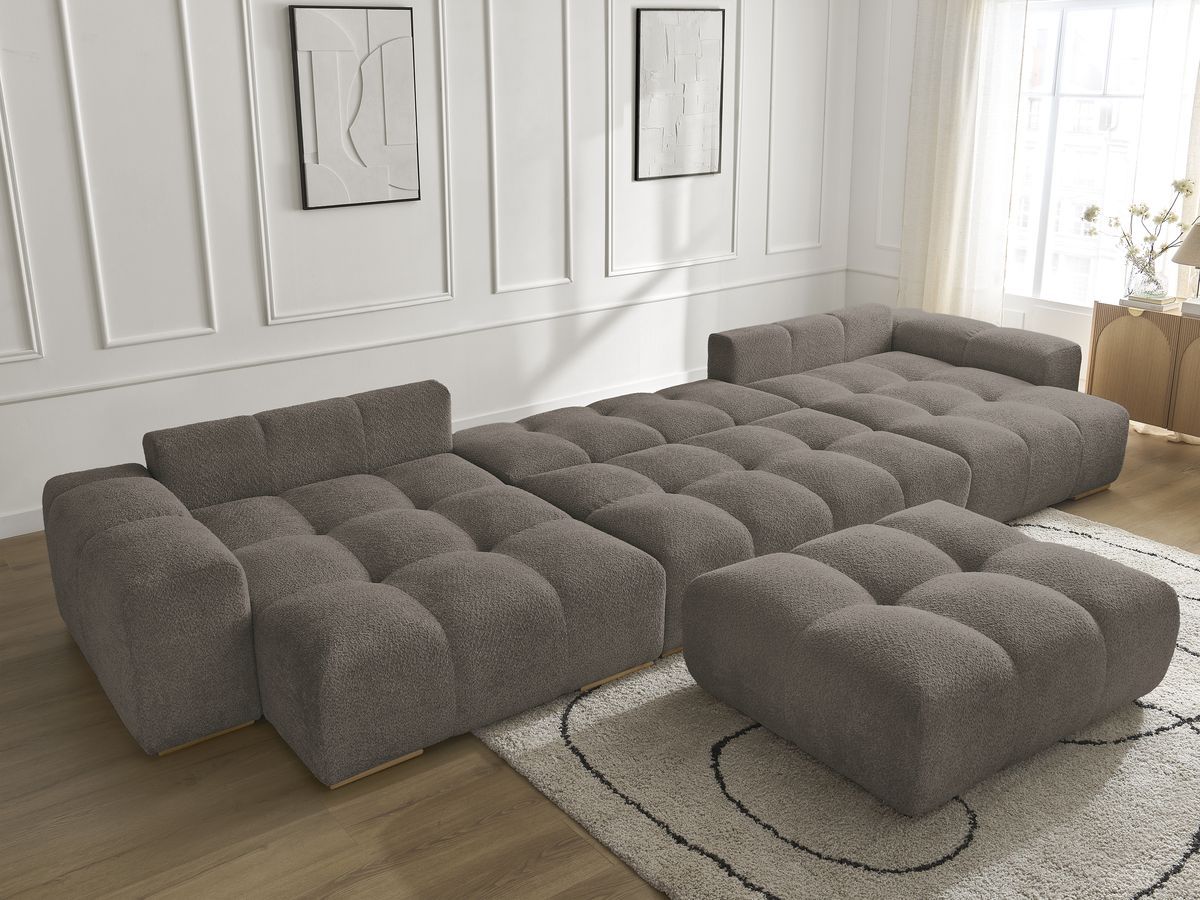 Bobochic Anakin Wohnlandschaft mit Pouf, Liegefläche 137 × 382 cm, 10 Kissen Bouclé-Stoff Braun
