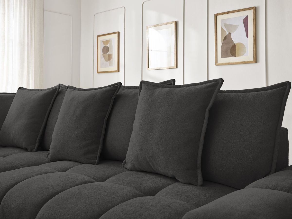 Bobochic Everest Ecksofa mit Schlaffunktion und Bettkasten 320 × 212 cm, 10 Kissen Strukturstoff Schwarz Ecke links