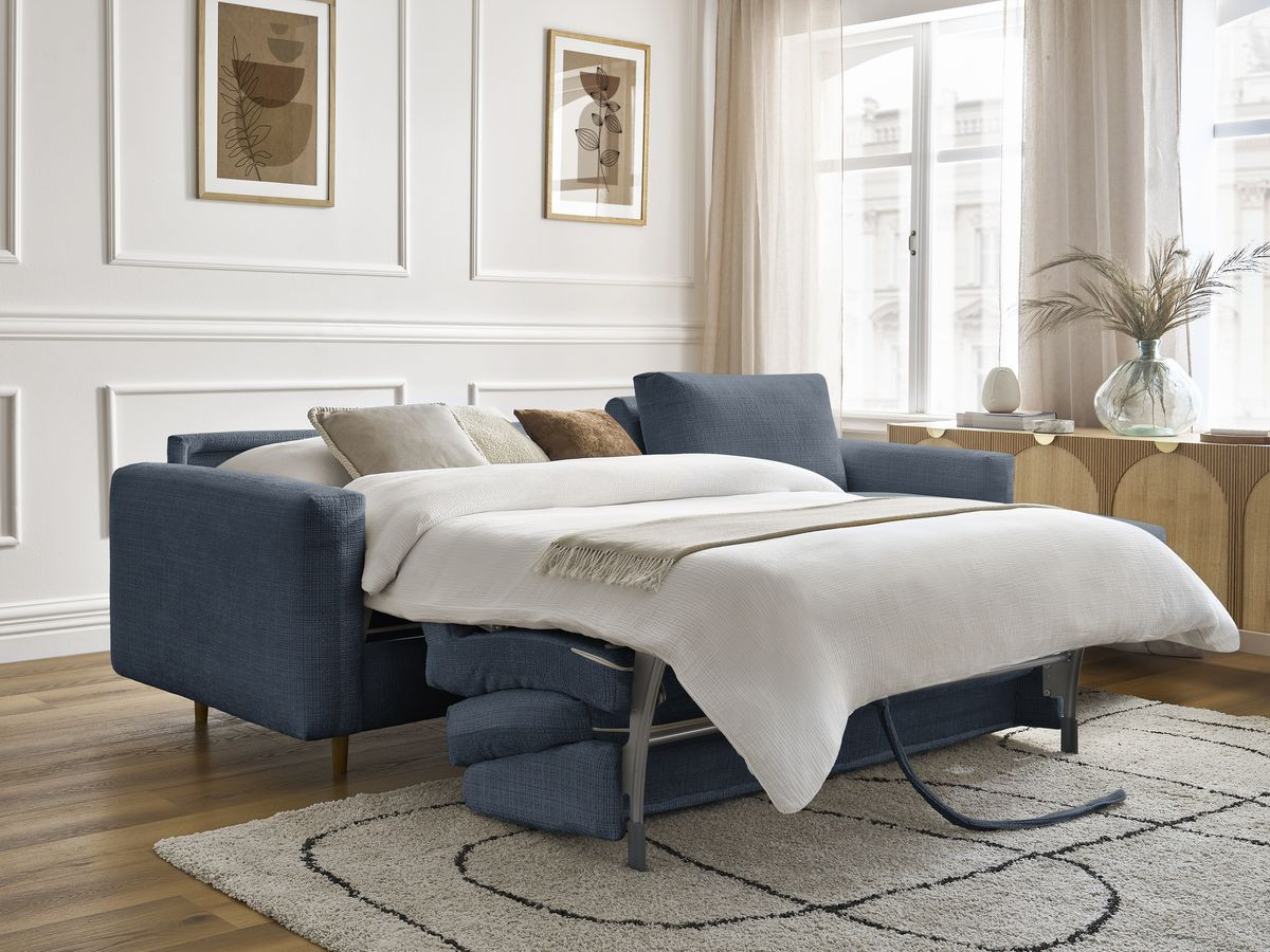 Bobochic Cocoone Ecksofa mit Schlaffunktion und Bettkasten Strukturstoff Dunkelblau, Liegefläche 160 × 200 cm