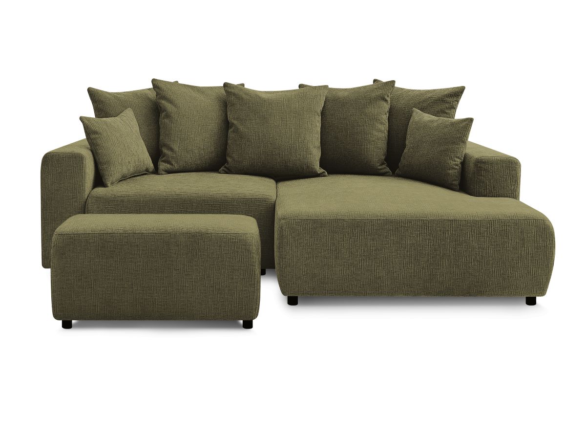 Bobochic Atilla Ecksofa mit Schlaffunktion und Bettkasten und Pouf Strukturstoff Grün Ecke rechts