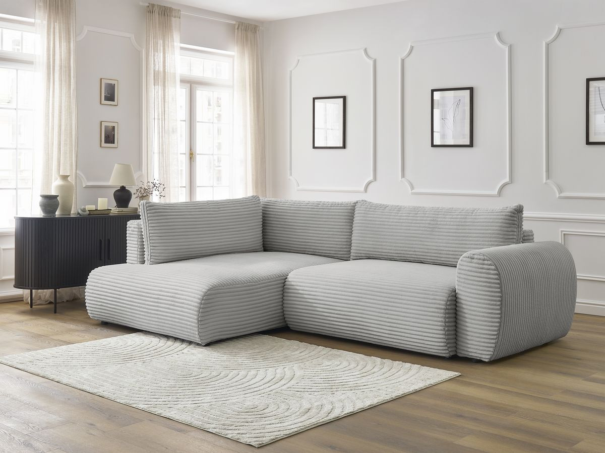 Bobochic Lucien Ecksofa mit Schlaffunktion und Bettkasten 296 × 198 cm Breitcord weich Hellgrau Ecke links