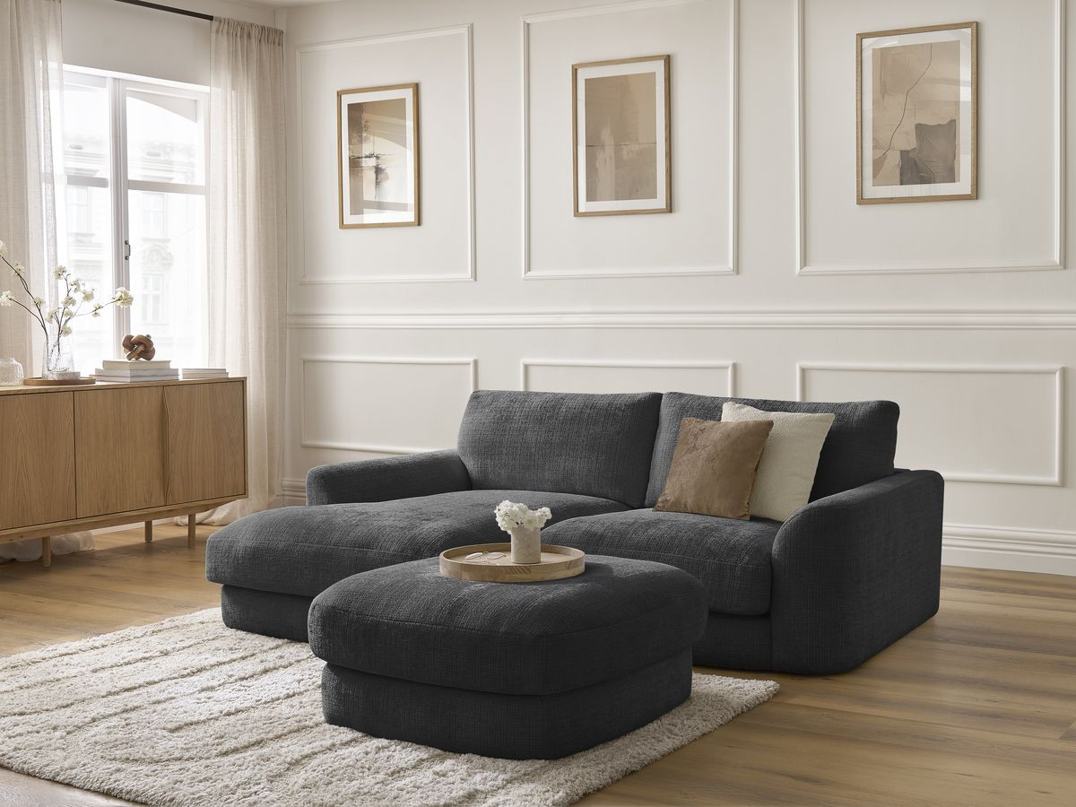 Bobochic Leonore Ecksofa mit Pouf Strukturstoff Schwarz Ecke links