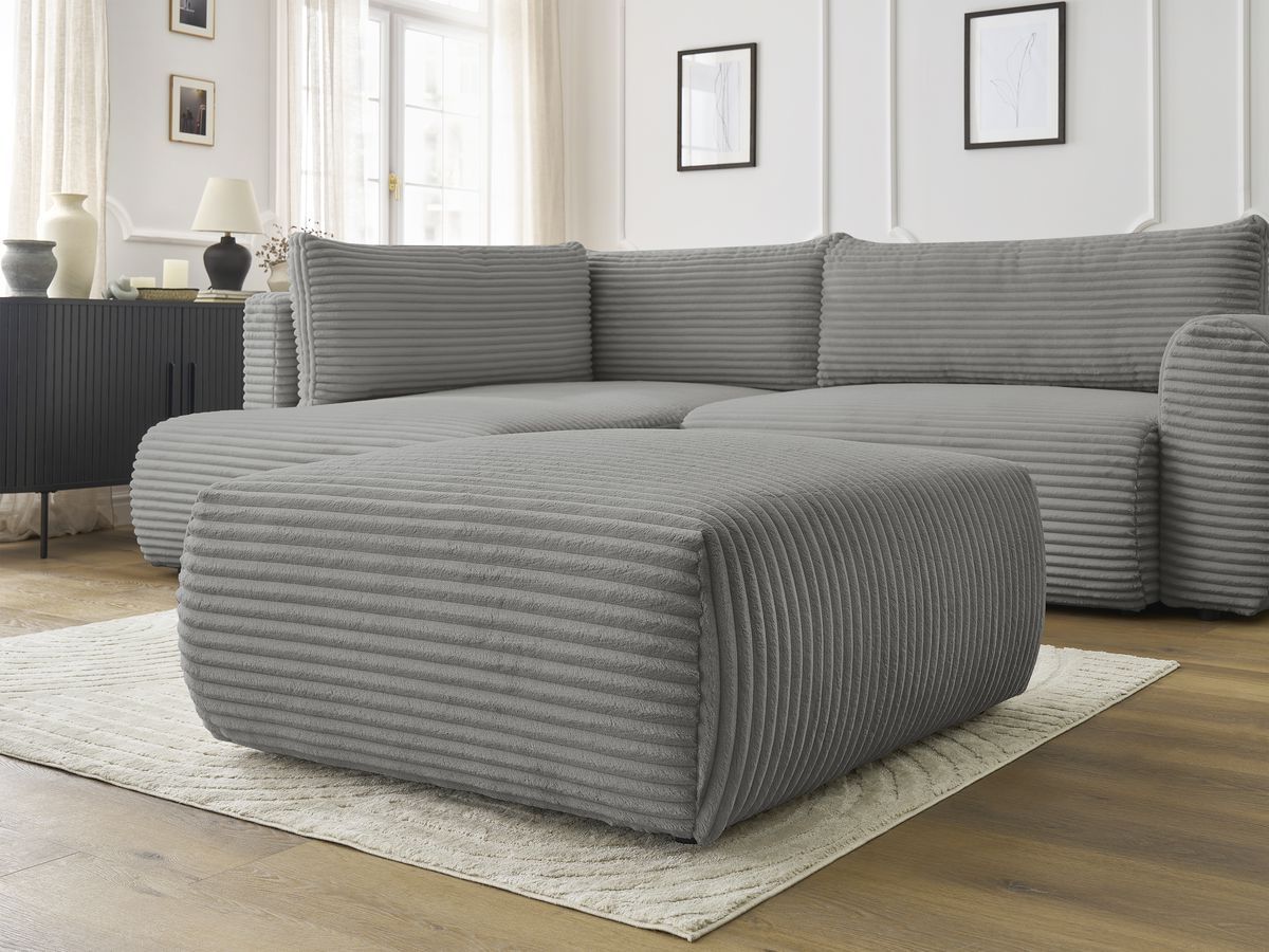 Bobochic Lucien Ecksofa mit Schlaffunktion und Bettkasten und Pouf 296 × 198 cm Breitcord weich Dunkelgrau Ecke links