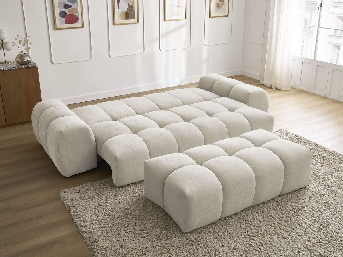 Bobochic Everest Schlafsofa 3-Sitzer mit Bettkasten und Pouf, 5 Kissen Strukturstoff Beige