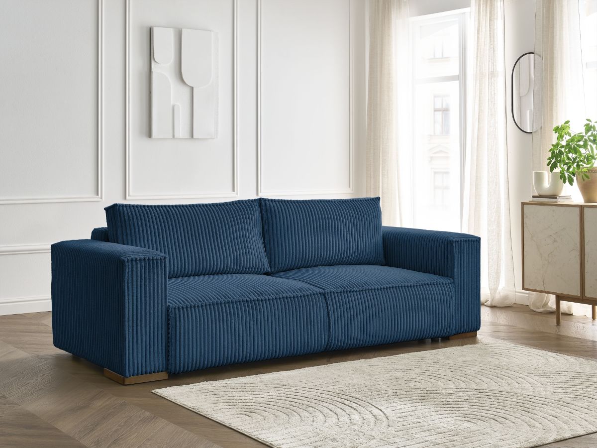 Bobochic Chelsea Schlafsofa 3-Sitzer mit Bettkasten Breitcord weich Dunkelblau