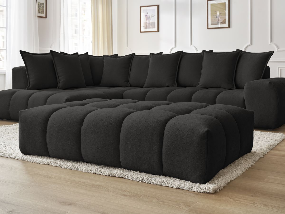 Bobochic Everest Ecksofa mit Schlaffunktion und Pouf, 10 Kissen Strukturstoff Schwarz Ecke links