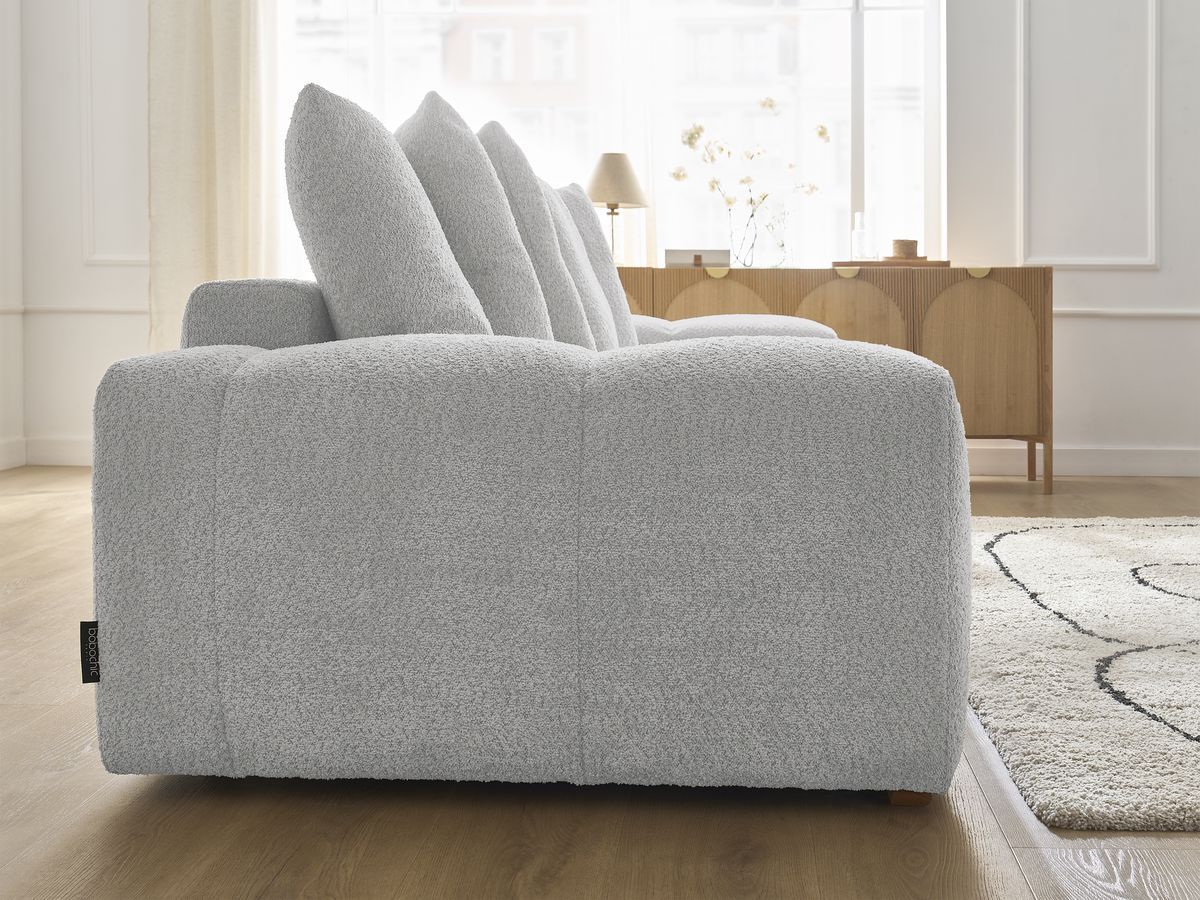 Bobochic Anakin Schlafsofa 3-Sitzer mit Bettkasten, 6 Kissen Bouclé-Stoff Hellgrau