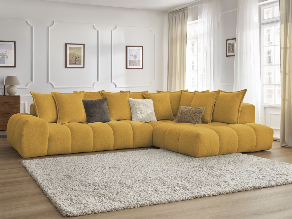 Bobochic Everest Ecksofa, 10 Kissen Melange-Stoff Gelb Ecke rechts