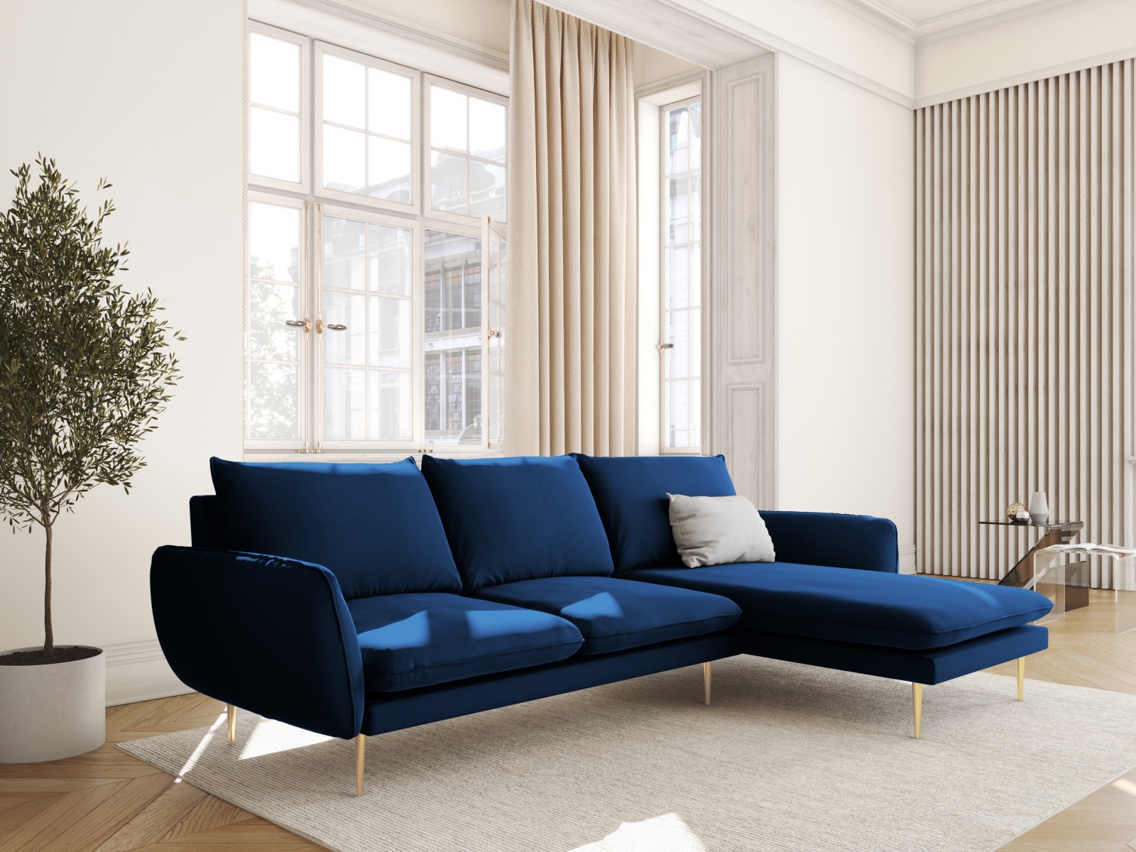 Cosmopolitan Design Ecksofa Vienna 5-Sitzer Samt Bluvel Königsblau Rechts Beine Gold