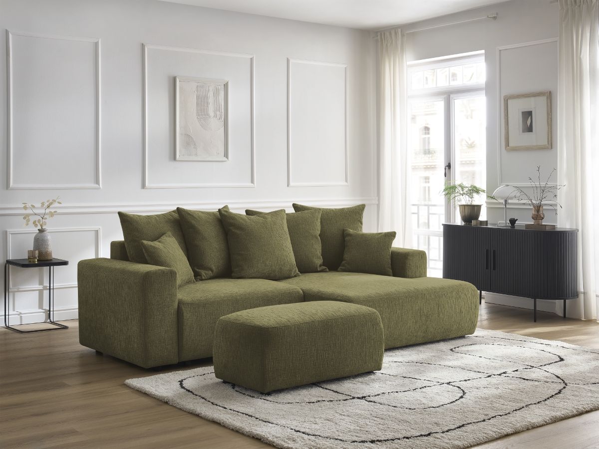Bobochic Atilla Ecksofa mit Schlaffunktion und Bettkasten und Pouf Strukturstoff Grün Ecke rechts