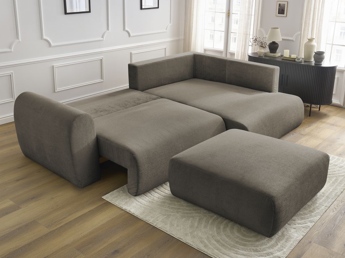 Bobochic Lucien Ecksofa mit Schlaffunktion und Bettkasten und Pouf 296 × 198 cm Stoff Taupe Ecke rechts