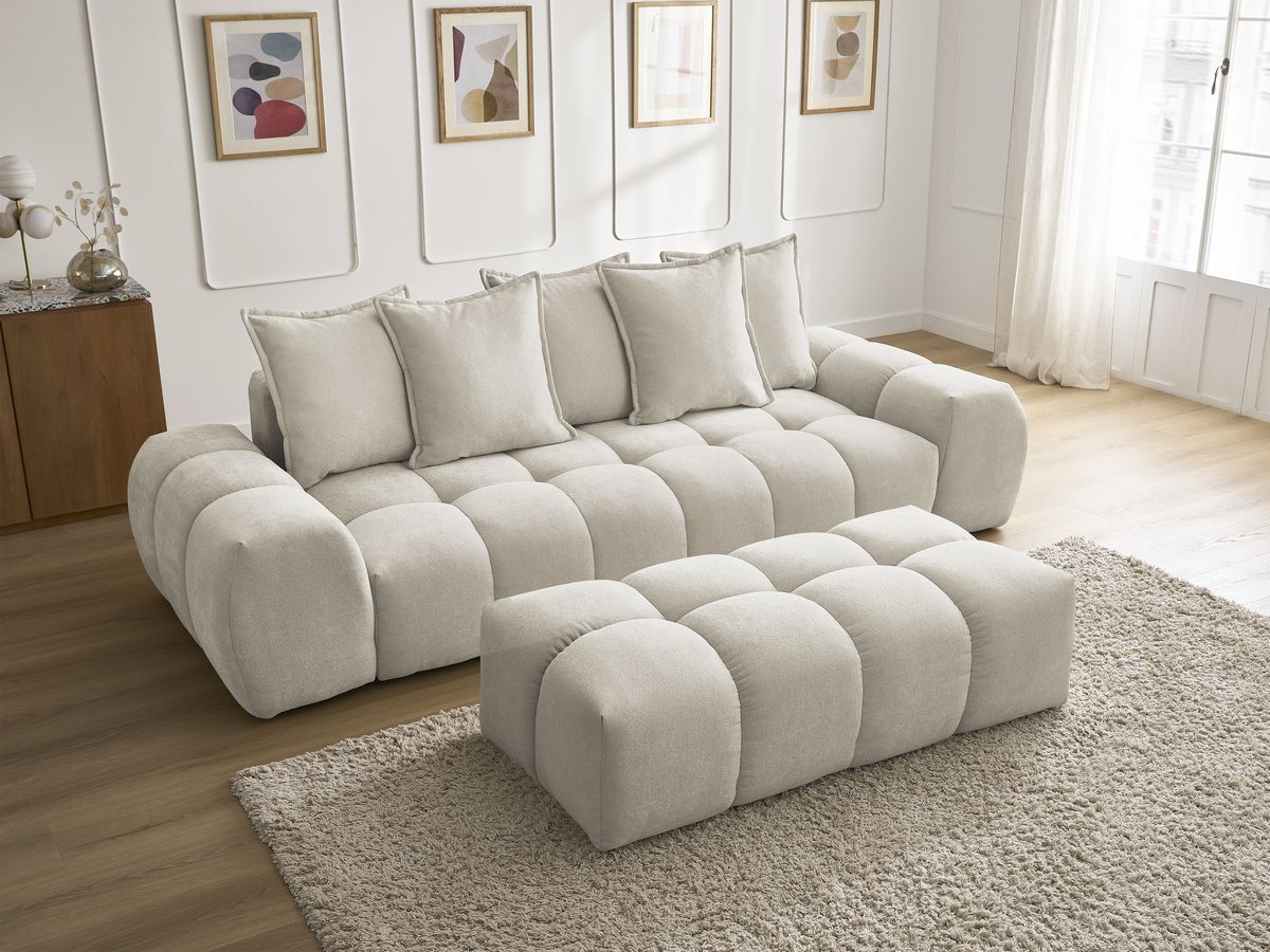 Bobochic Everest Sofa 3-Sitzer mit Pouf, 5 Kissen Strukturstoff Beige