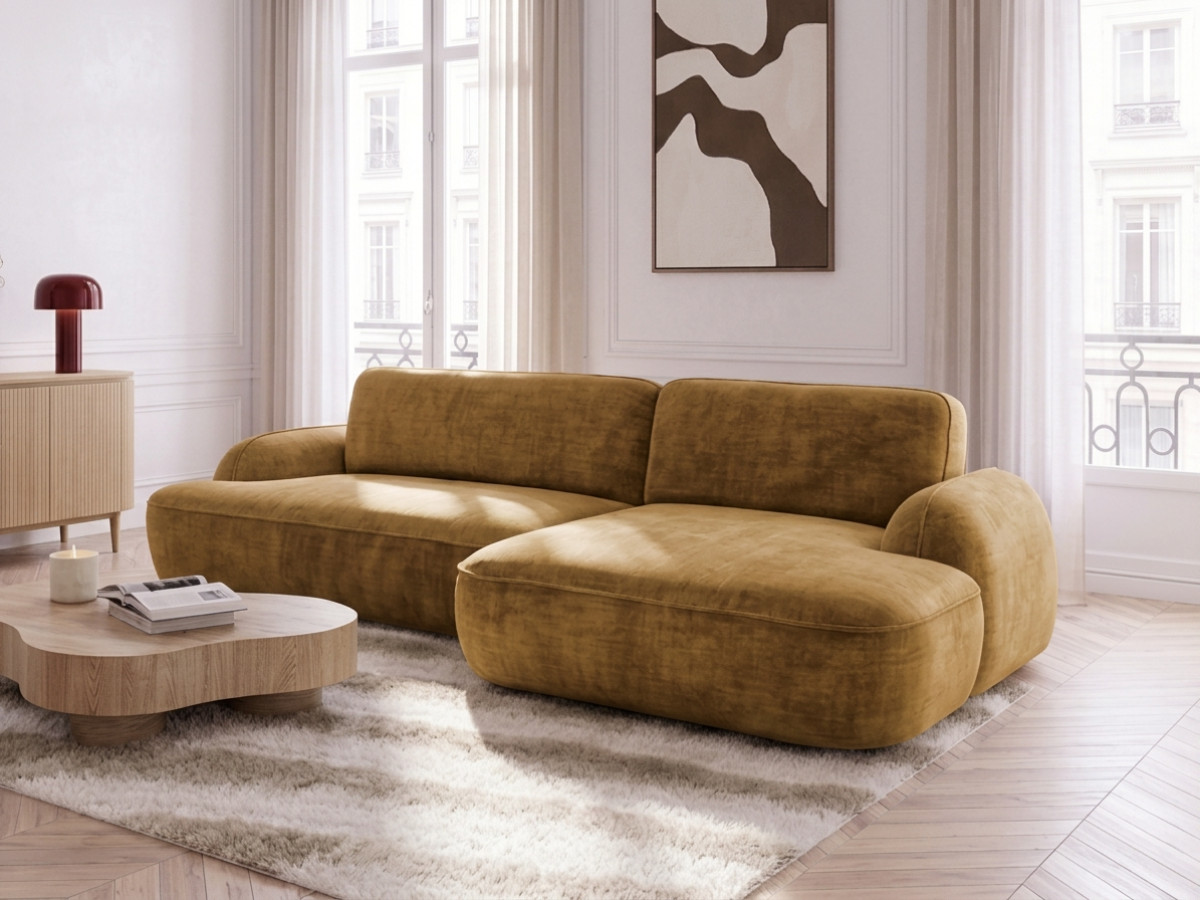 Bobochic Celeste Ecksofa mit Schlaffunktion und Bettkasten Stoff Gelb Ecke rechts