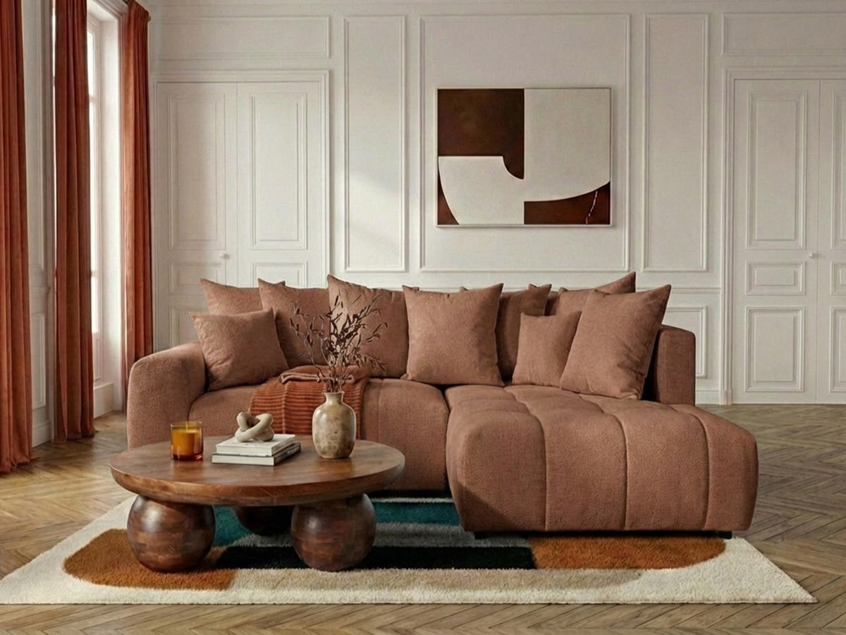 Bobochic Roxelane Ecksofa mit Schlaffunktion und Bettkasten Melange-Stoff Orange Ecke rechts