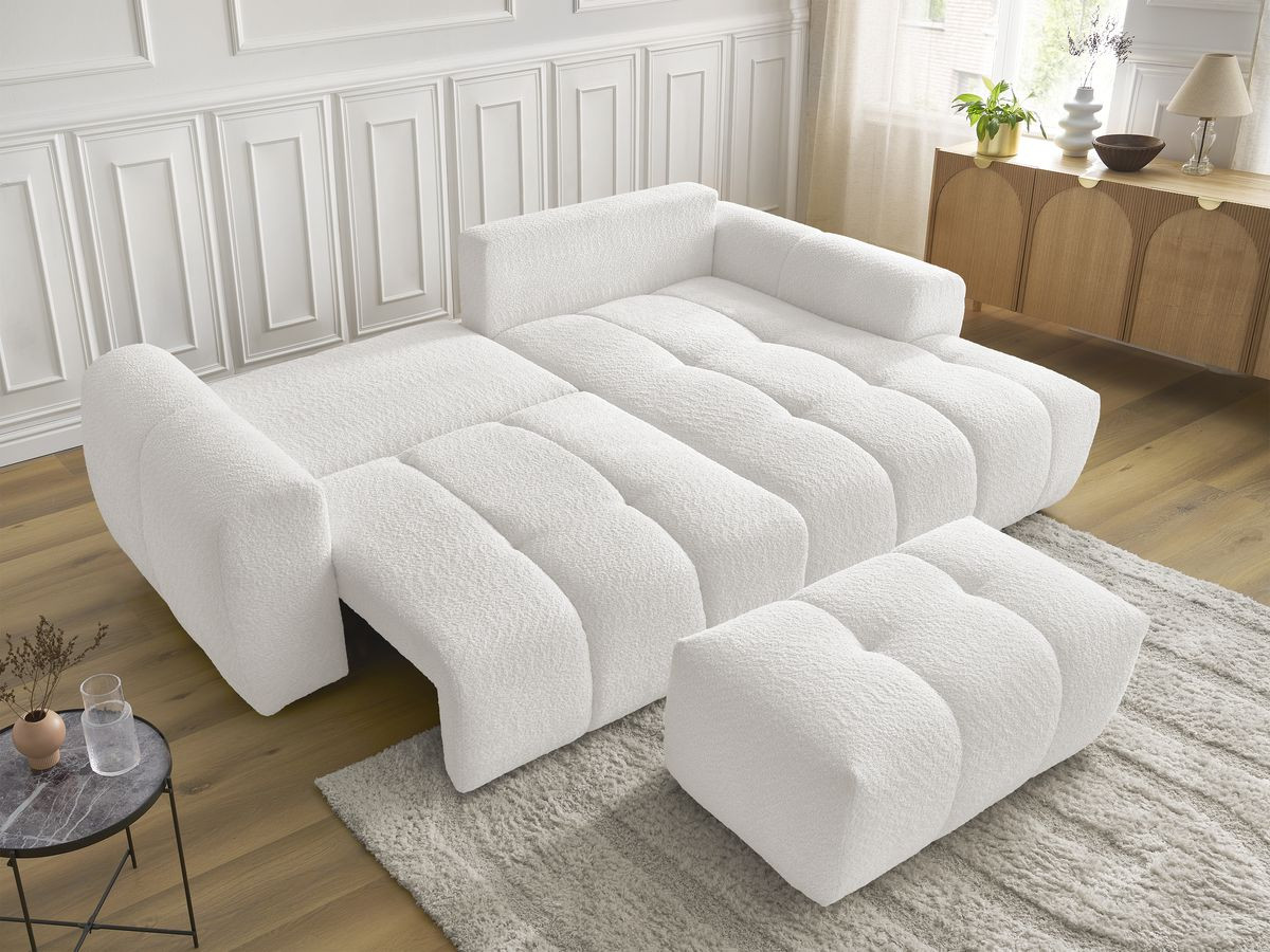Bobochic Roxelane Ecksofa mit Schlaffunktion und Bettkasten und Pouf 258 × 150 cm Bouclé-Stoff Weiß Ecke rechts