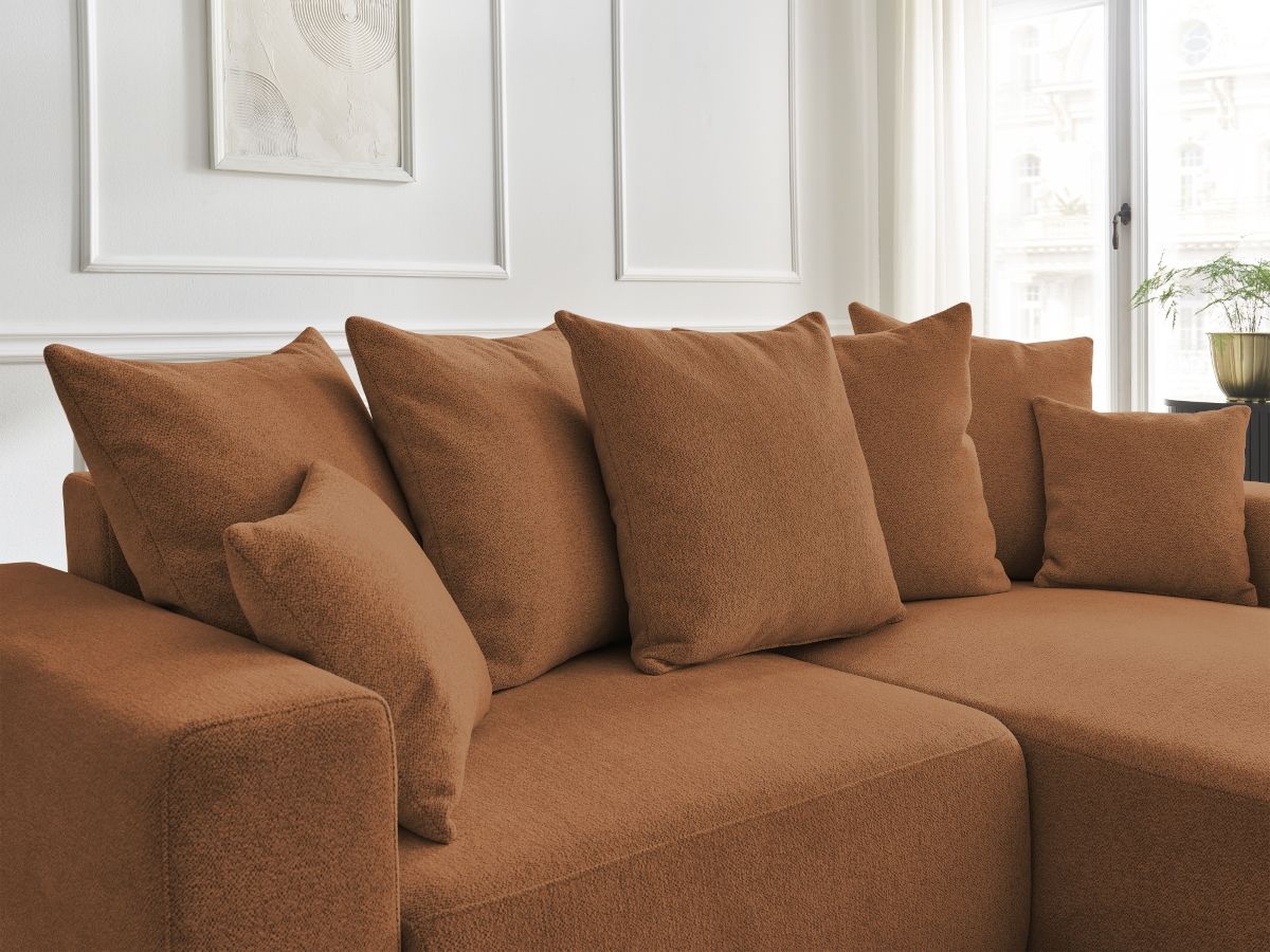 Bobochic Atilla Ecksofa mit Schlaffunktion und Bettkasten Melange-Stoff Orange Ecke rechts