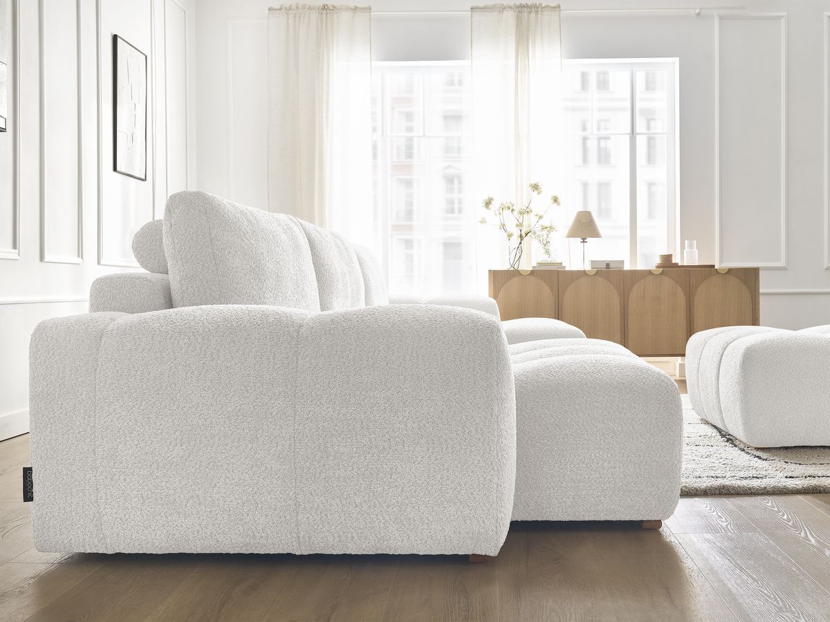 Bobochic Anakin Wohnlandschaft mit Pouf, 3 Kissen Bouclé-Stoff Weiß