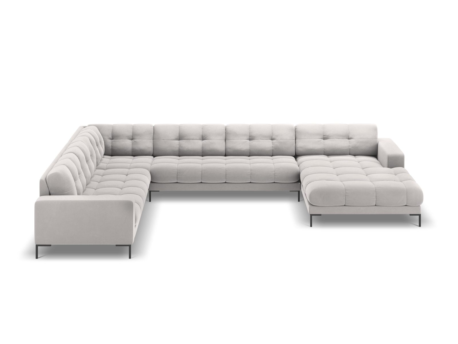 Cosmopolitan Design Panoramasofa Bali 7-Sitzer 327 cm Samt Bluvel Silber Links Beine Schwarzes Metall