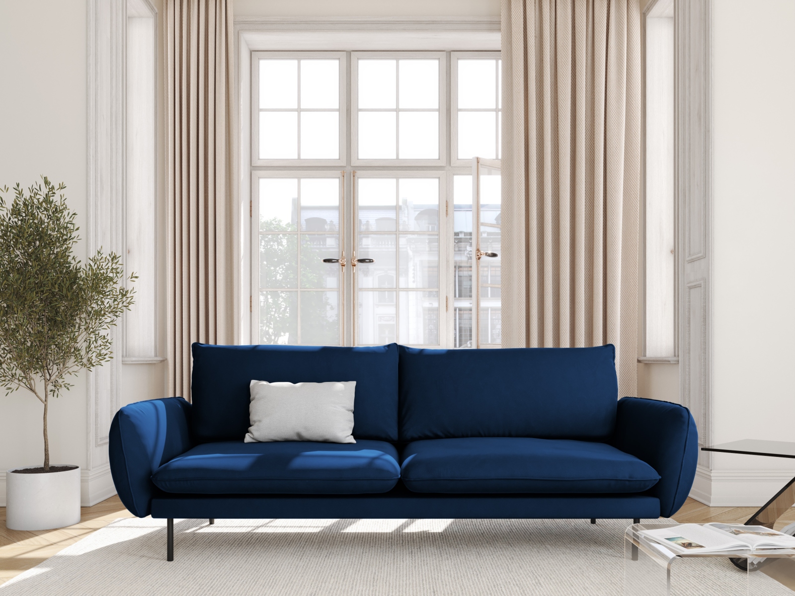Cosmopolitan Design Sofa Vienna 4-Sitzer Samt Bluvel Königsblau Beine Schwarzes Metall