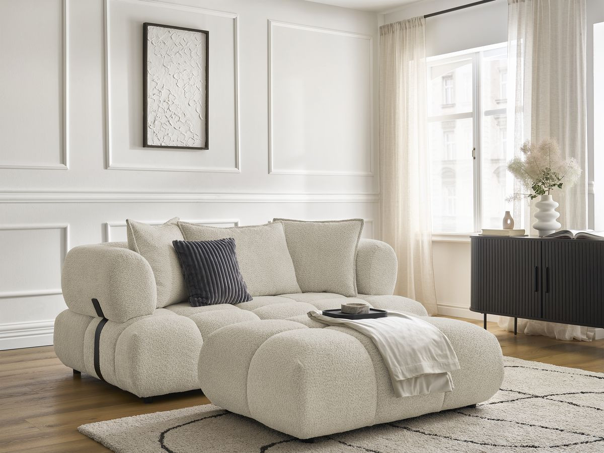 Bobochic Alya Sofa 2-Sitzer mit Pouf Bouclé-Stoff Beige