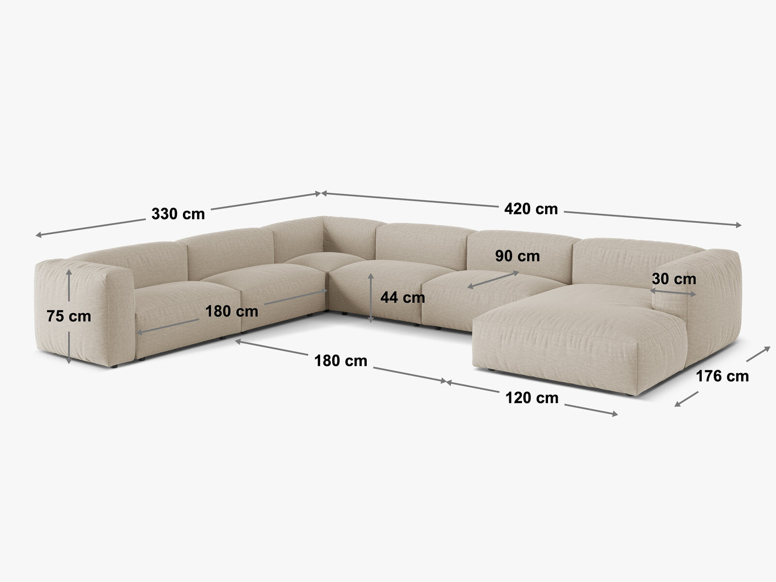 Micadoni modulares Ecksofa XL Martina 6-Sitzer 90cm Sitztiefe Links Strukturierter Stoff Boston Helles Beige