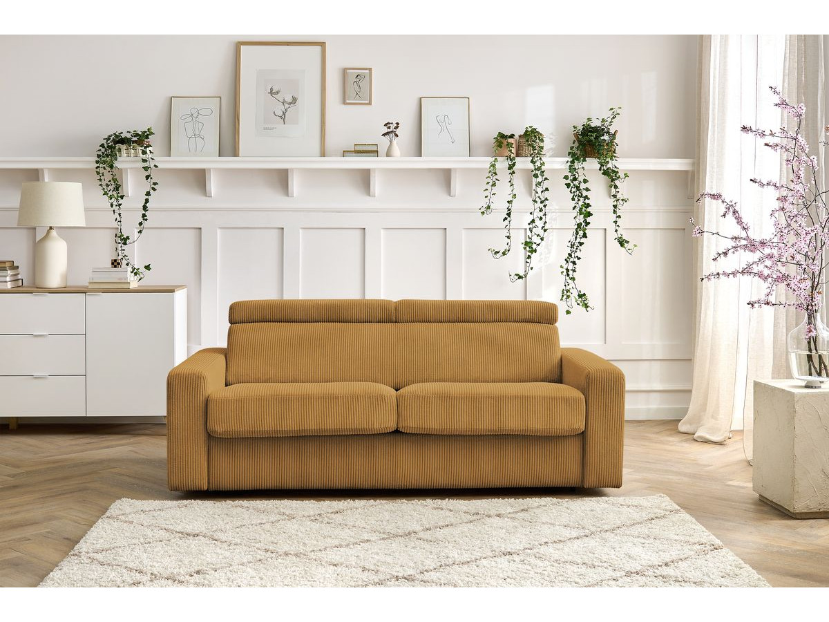 Bobochic Monaco Schlafsofa 3-Sitzer Cordsamt Gelb, Liegefläche 140 × 190 cm
