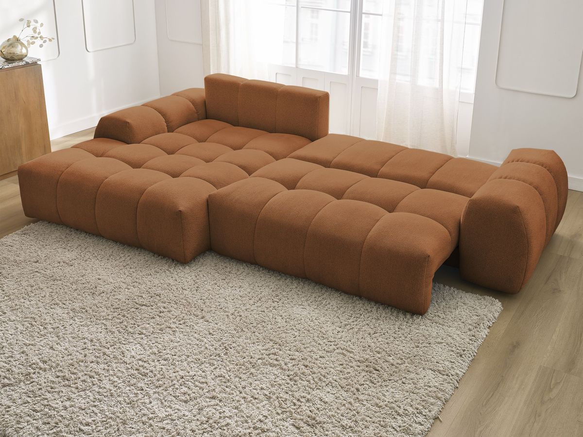Bobochic Everest Ecksofa mit Schlaffunktion und Bettkasten 318 × 180 cm, 3 Kissen Melange-Stoff Orange Ecke links