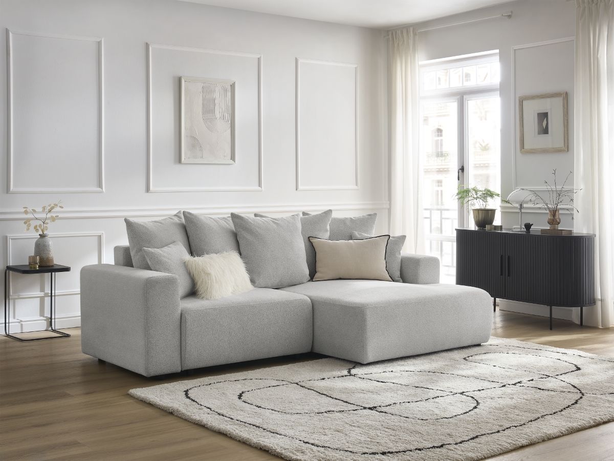 Bobochic Atilla Ecksofa mit Schlaffunktion und Bettkasten Melange-Stoff Hellgrau Ecke rechts