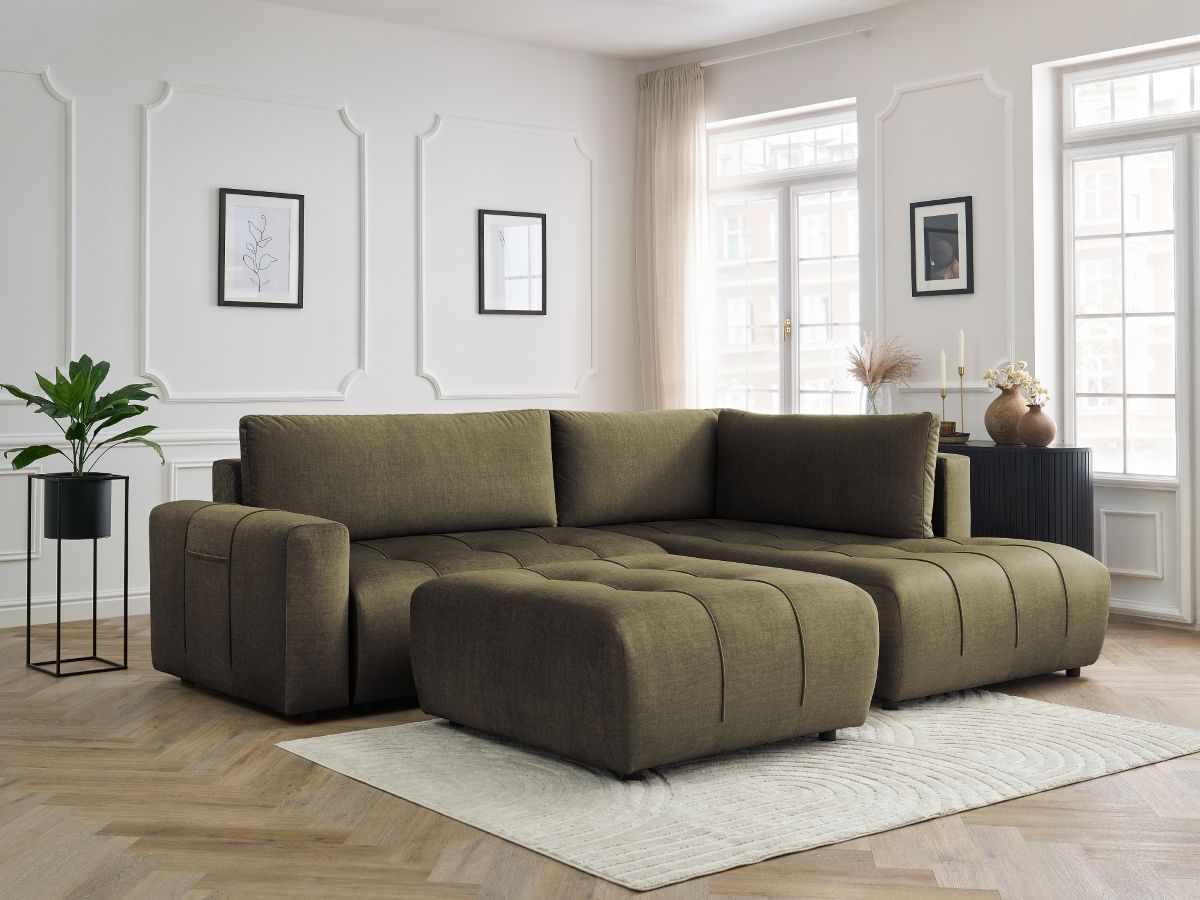 Bobochic Arsene Ecksofa mit Schlaffunktion und Bettkasten und Pouf 277 × 200 cm Samt Grün Ecke rechts