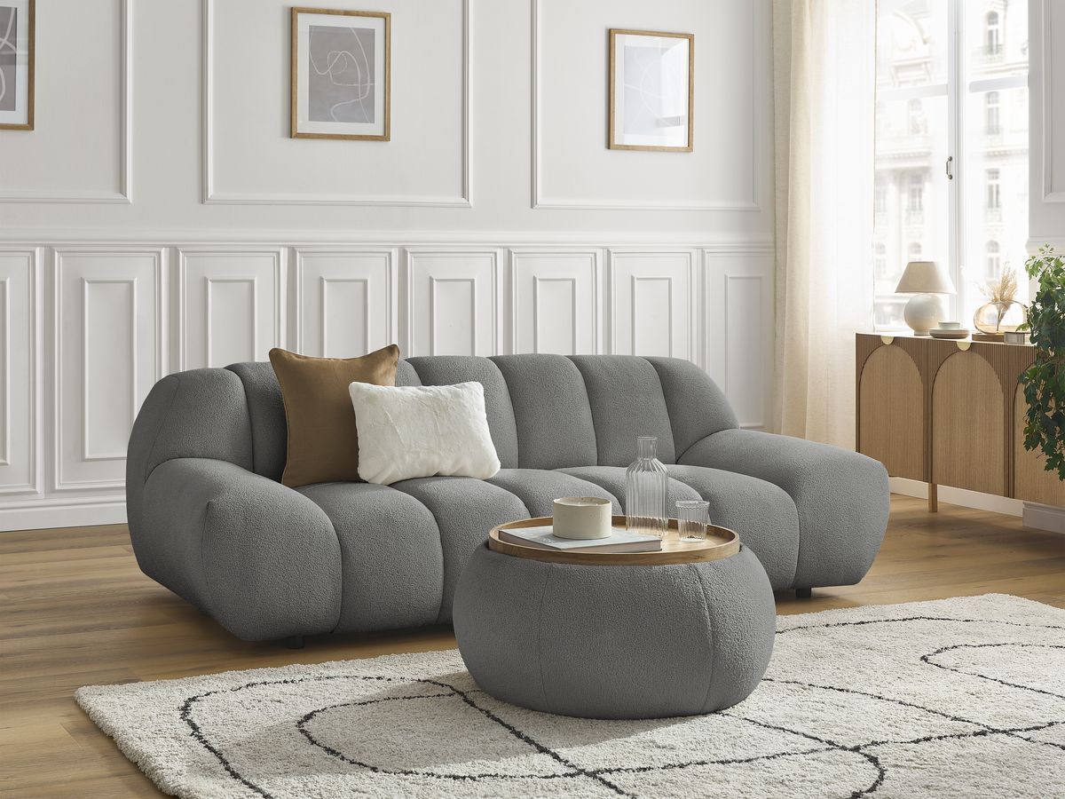 Bobochic Hayden Sofa 2-Sitzer mit Pouf Bouclé-Stoff Dunkelgrau