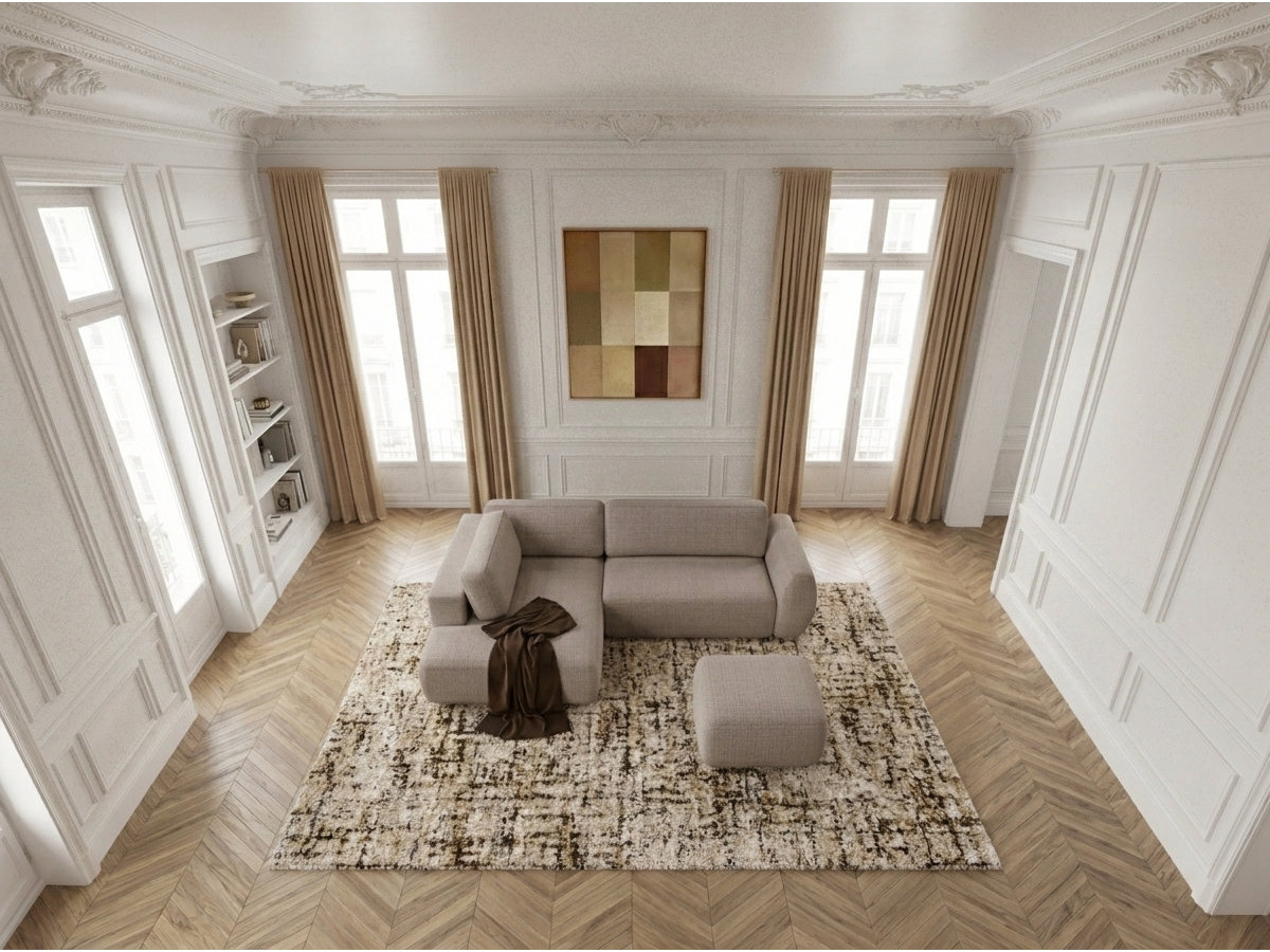 Bobochic Denise Ecksofa mit Schlaffunktion und Bettkasten und Pouf 256 × 197 cm Strukturstoff Taupe Ecke links