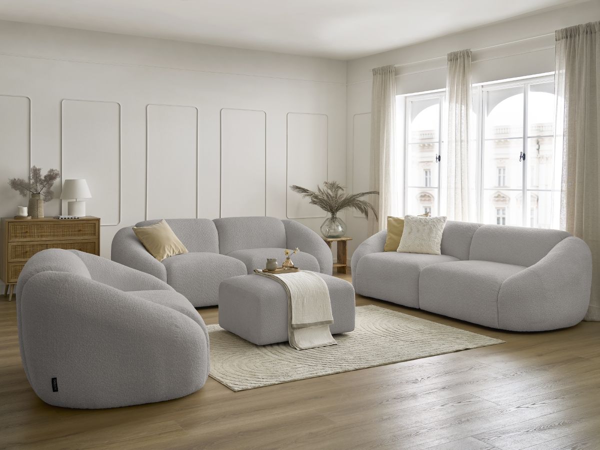 Bobochic Tina Sofa 7-Sitzer mit Pouf Bouclé-Stoff Hellgrau